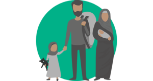 Illustration of a family of 4 in front of a green circle